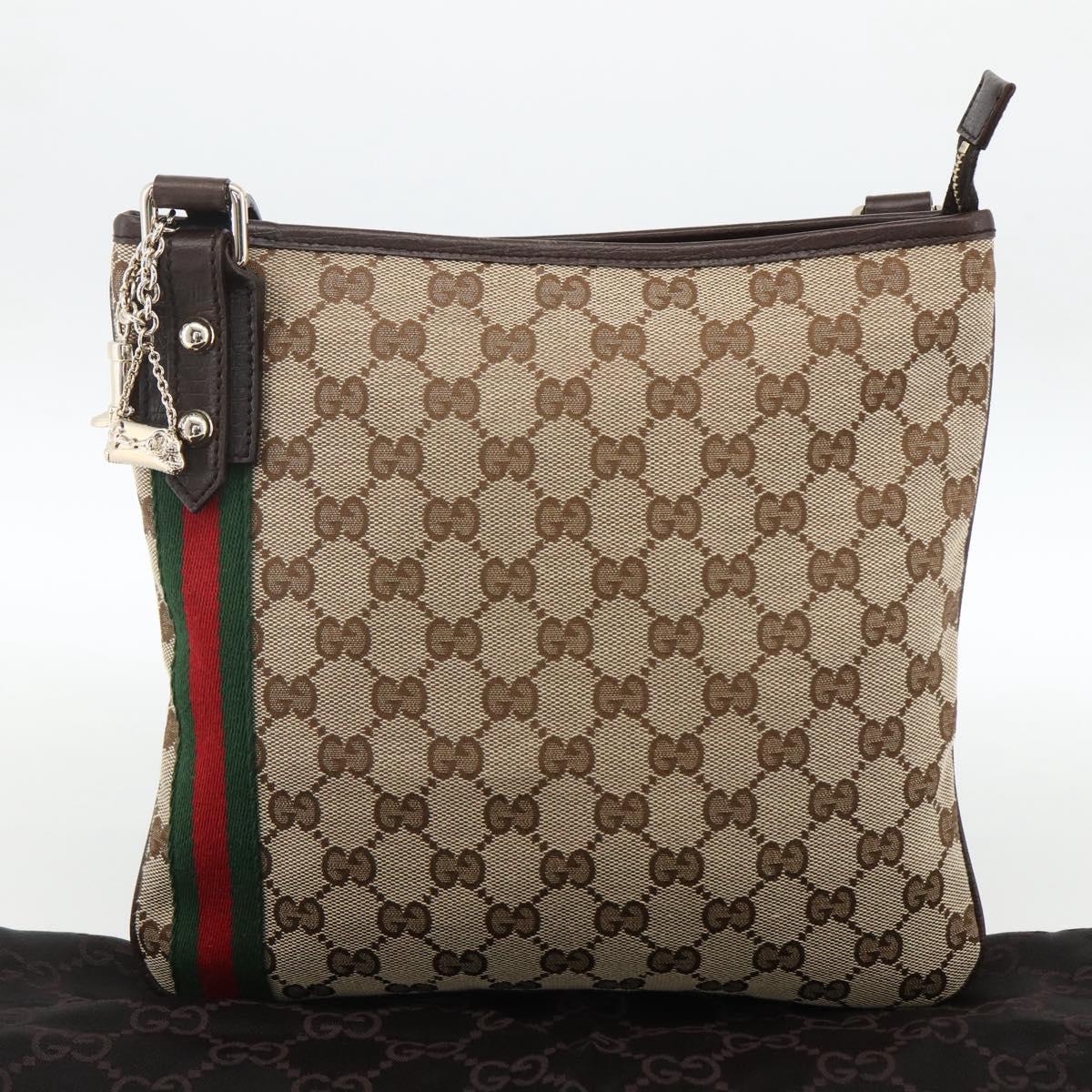 GUCCI GG Canvas Web Sherry Line Shoulder Bag Beige Gold 144388 Auth BSZ299V