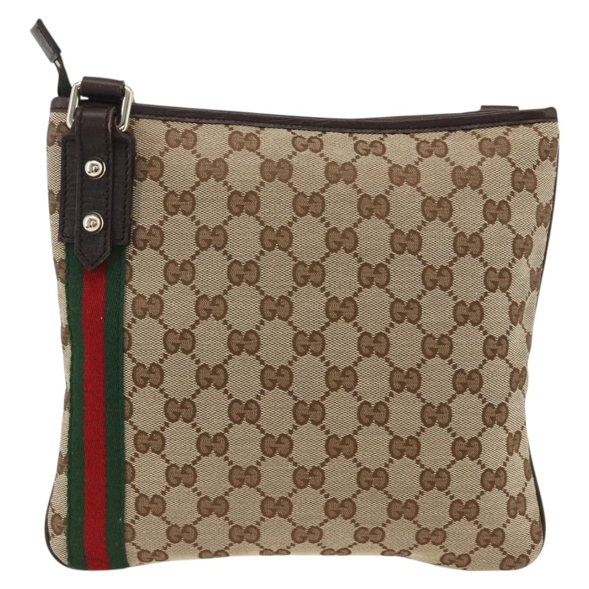 GUCCI GG Canvas Web Sherry Line Shoulder Bag Beige Gold 144388 Auth BSZ299V