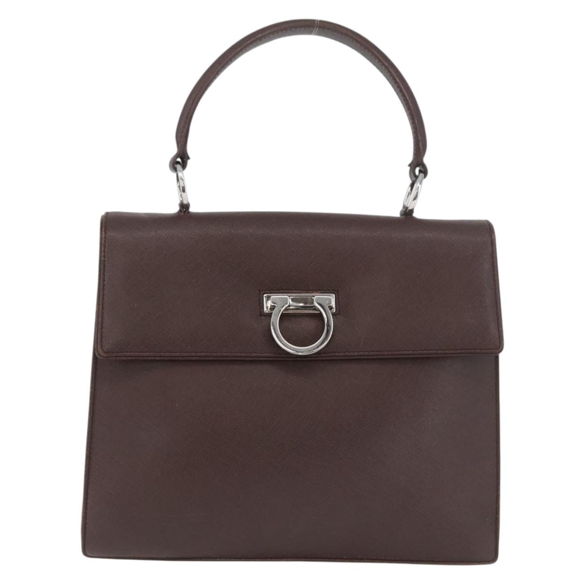 Salvatore Ferragamo Gancini Hand Bag Leather Brown Silver Auth BSZ320