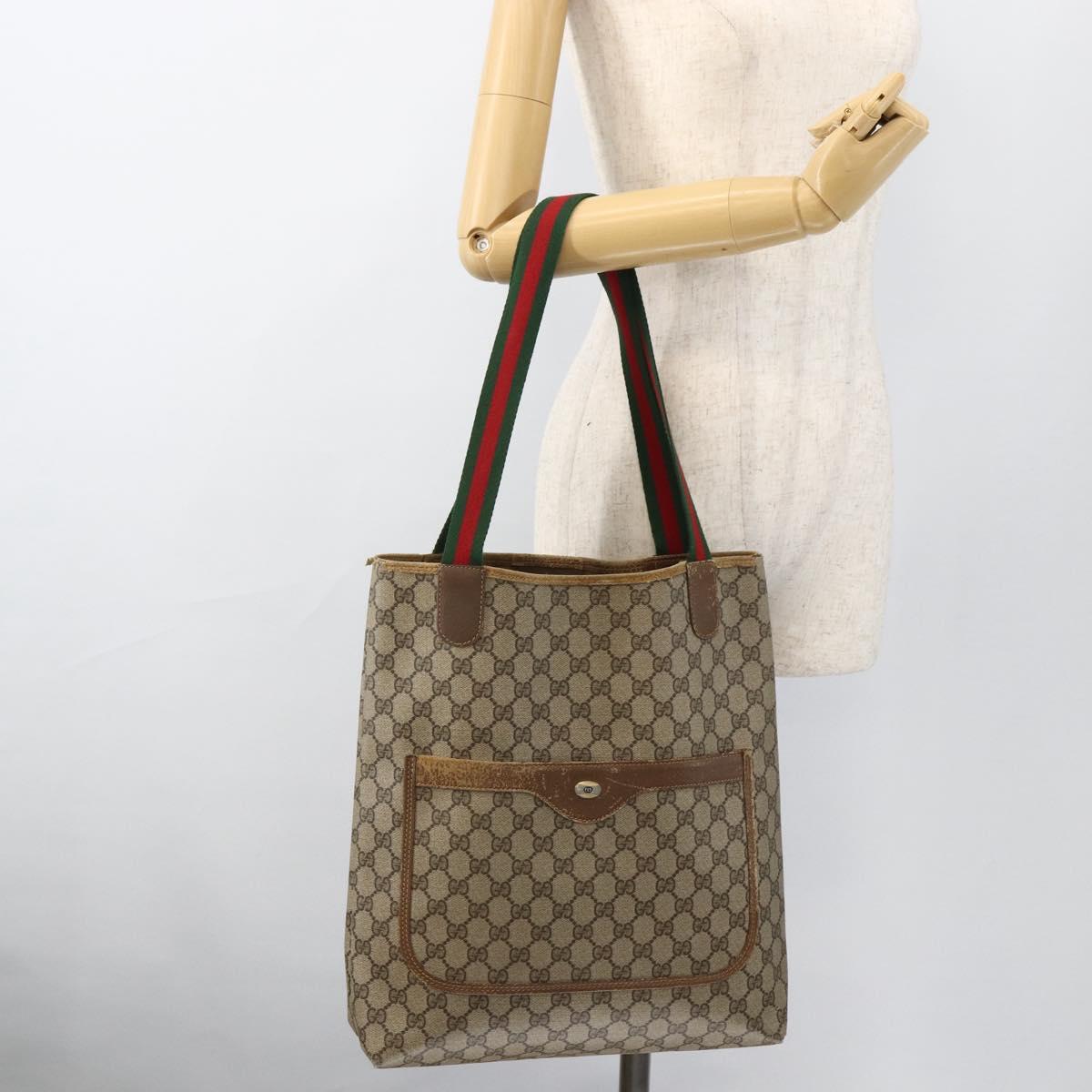 GUCCI GG Supreme Web Sherry Line Tote Bag PVC Beige Gold 39 02 003 Auth BSZ336