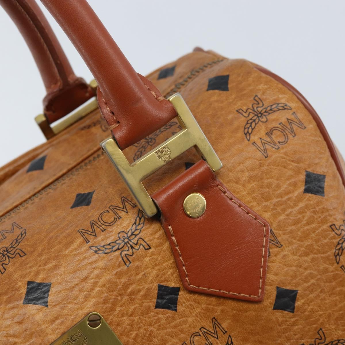 MCM Vicetos Logogram Hand Bag PVC Leather Brown Gold Auth BSZ338