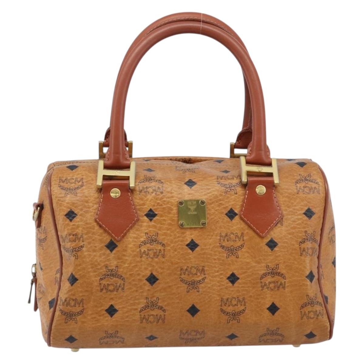 MCM Vicetos Logogram Hand Bag PVC Leather Brown Gold Auth BSZ338