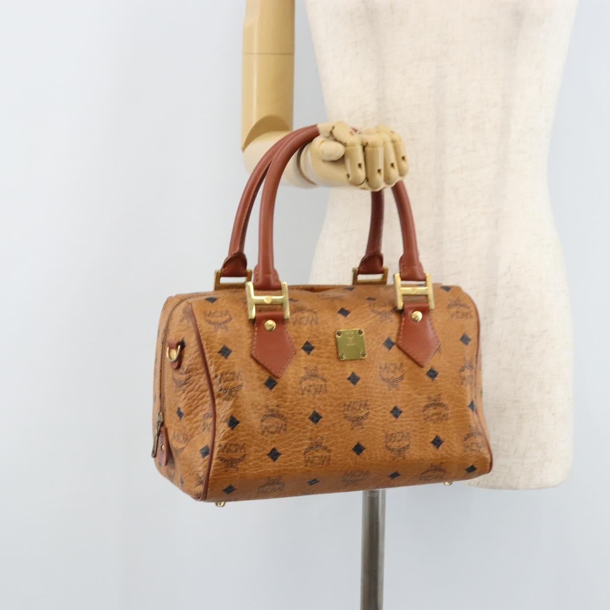MCM Vicetos Logogram Hand Bag PVC Leather Brown Gold Auth BSZ338