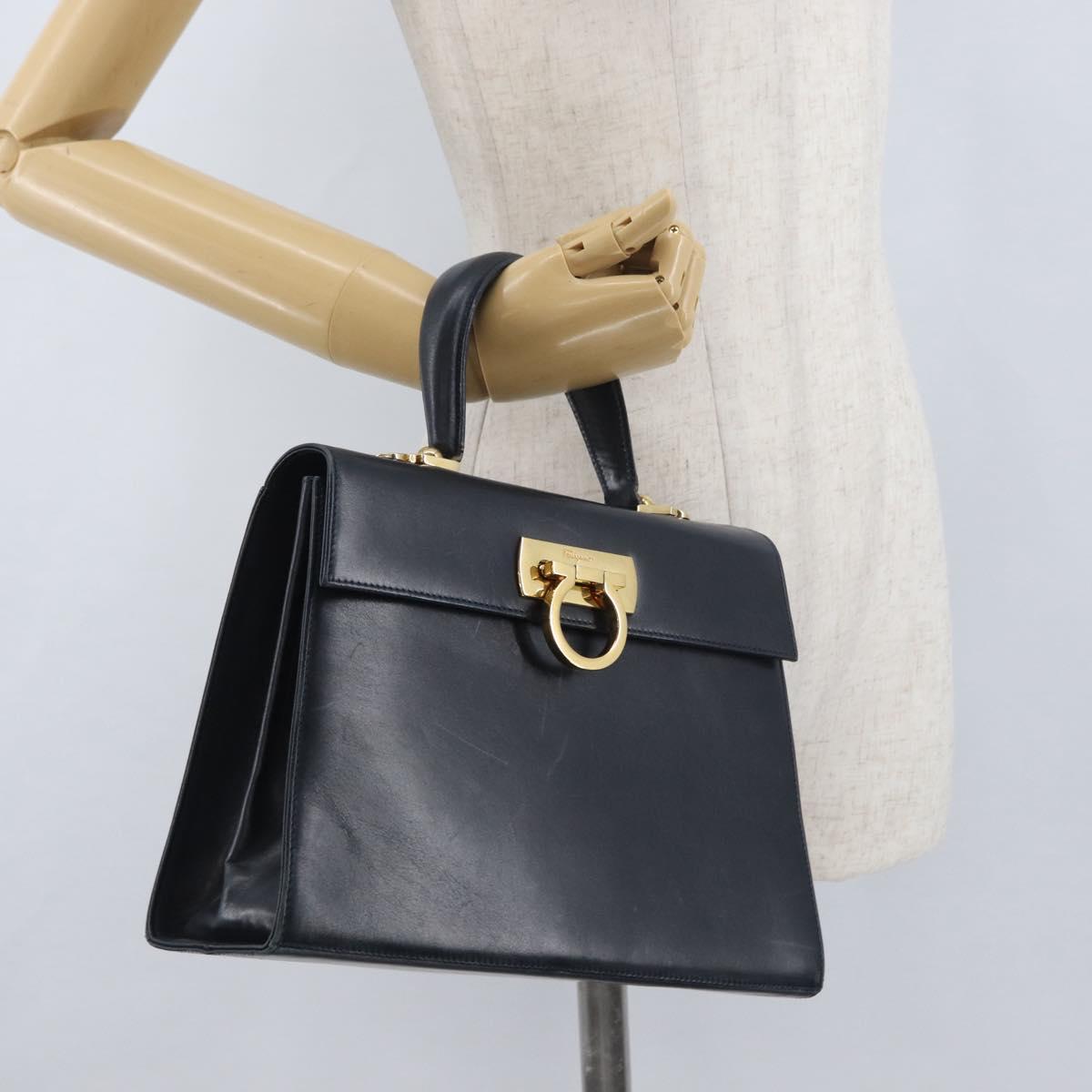 Salvatore Ferragamo Gancini Hand Bag Leather Navy Gold Auth BSZ342