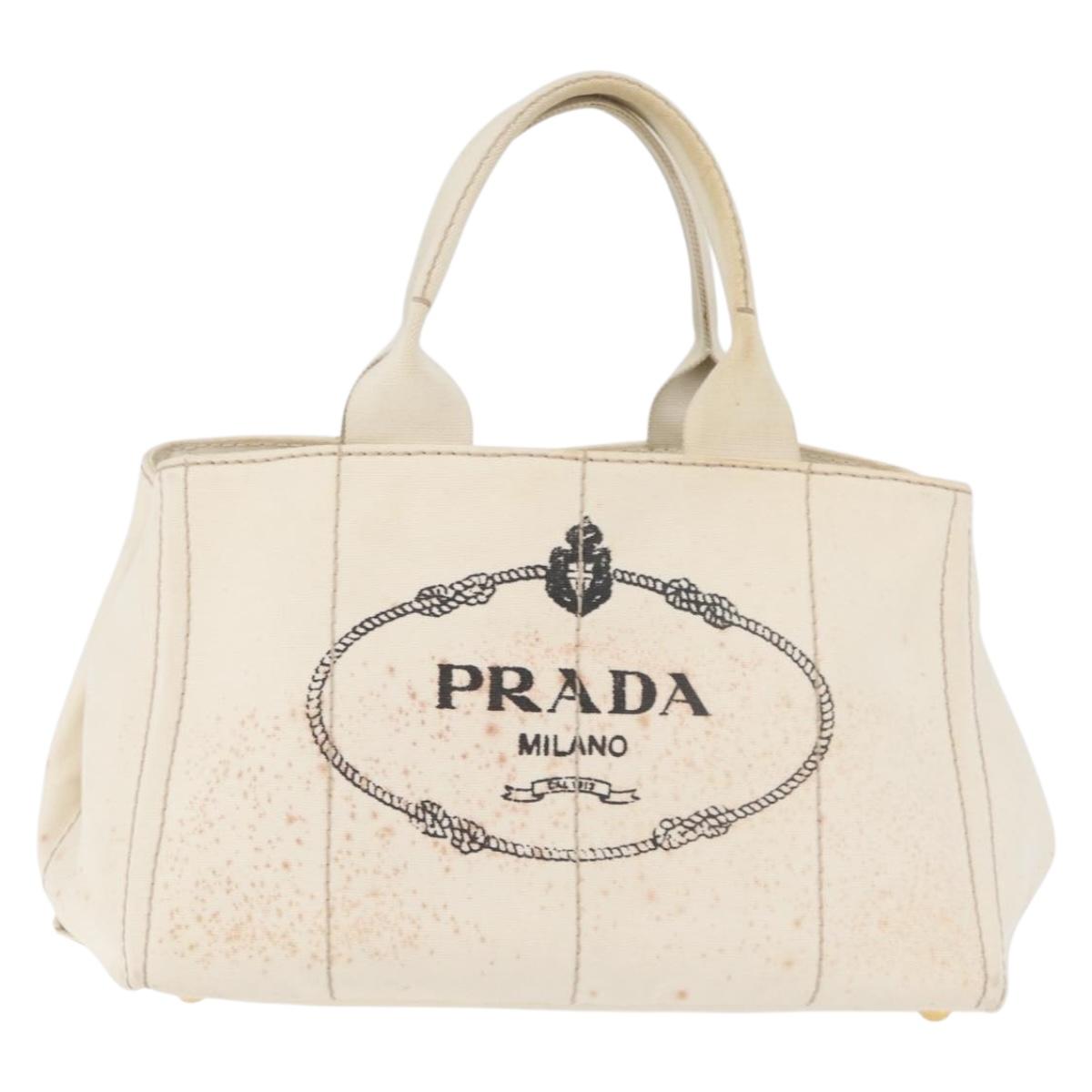 PRADA Canapa MM Hand Bag Denim White Gold Auth BSZ344
