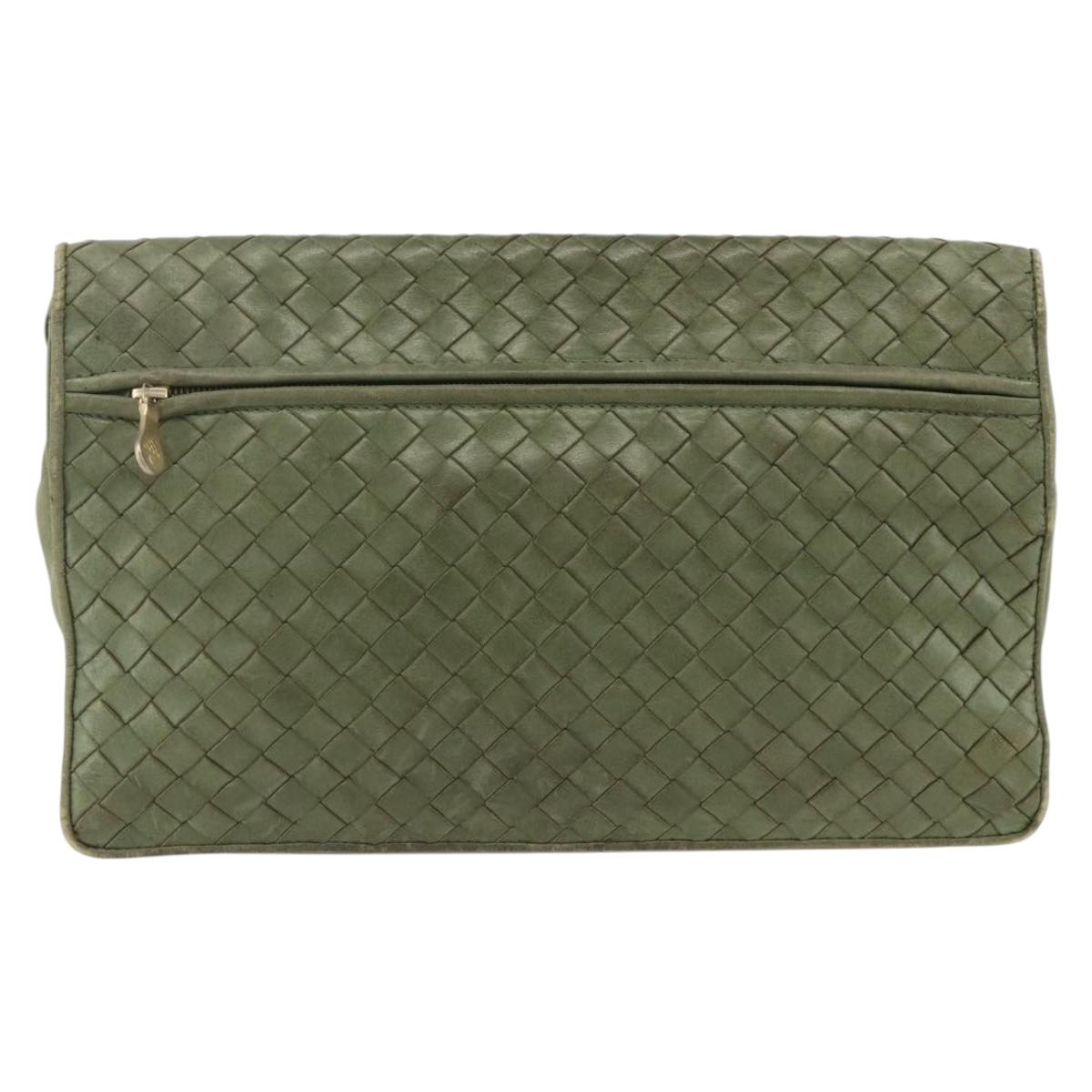 BOTTEGA VENETA INTRECCIATO Shoulder Bag Leather Khaki Gold Auth BSZ346