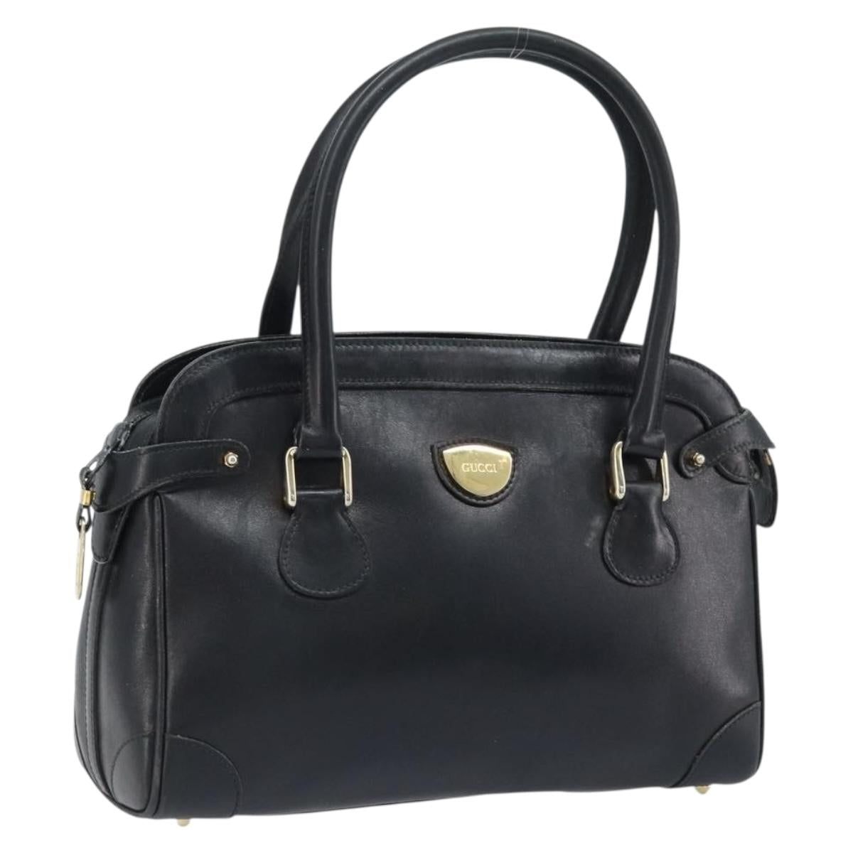 GUCCI Hand Bag Leather Black Gold Auth BSZ350