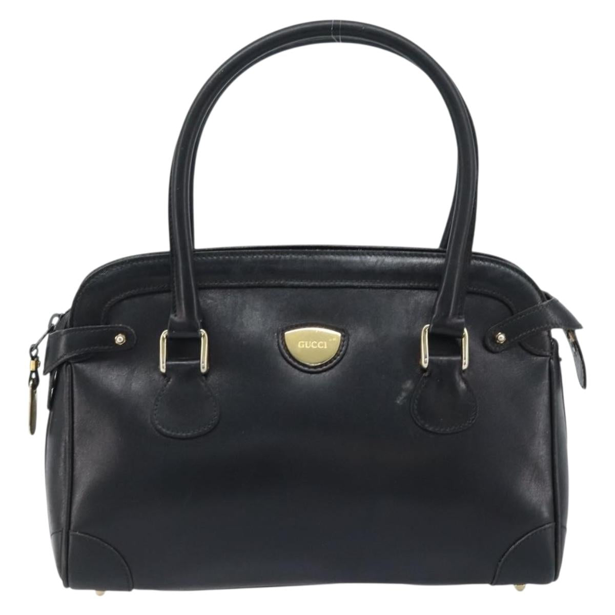 GUCCI Hand Bag Leather Black Gold Auth BSZ350