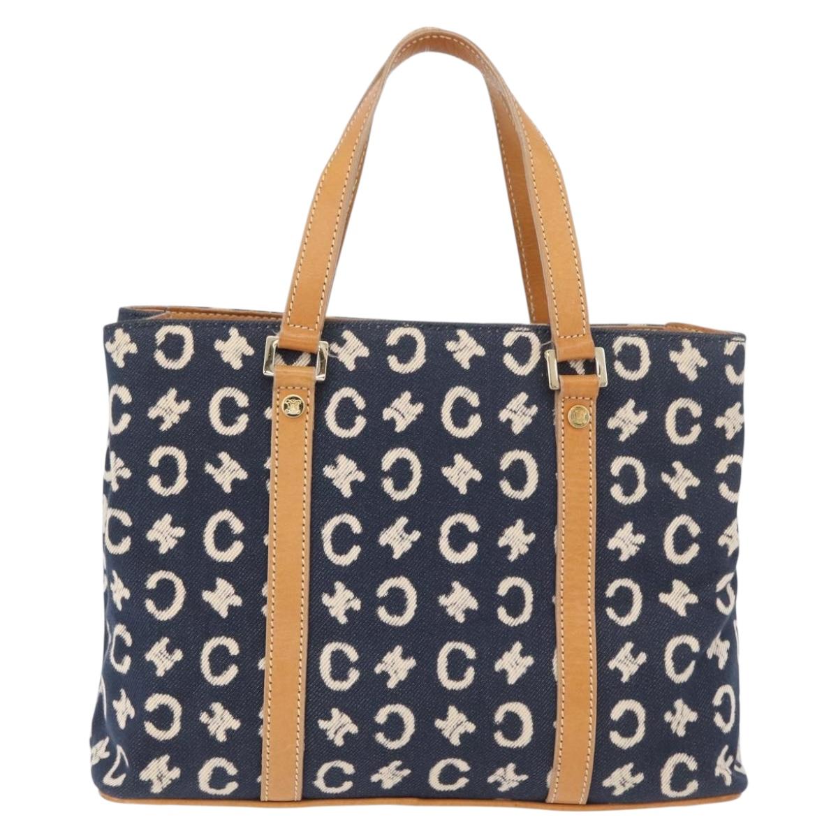 CELINE C Macadam Canvas Hand Bag Navy Gold Auth BSZ358V