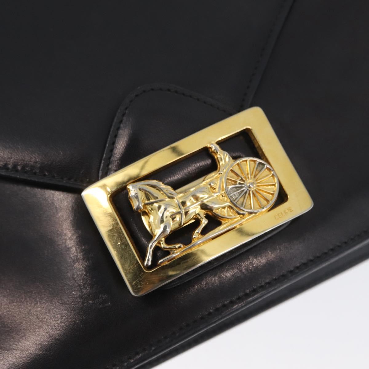 CELINE Horse Carriage Shoulder Bag Leather Black Gold Auth BSZ366