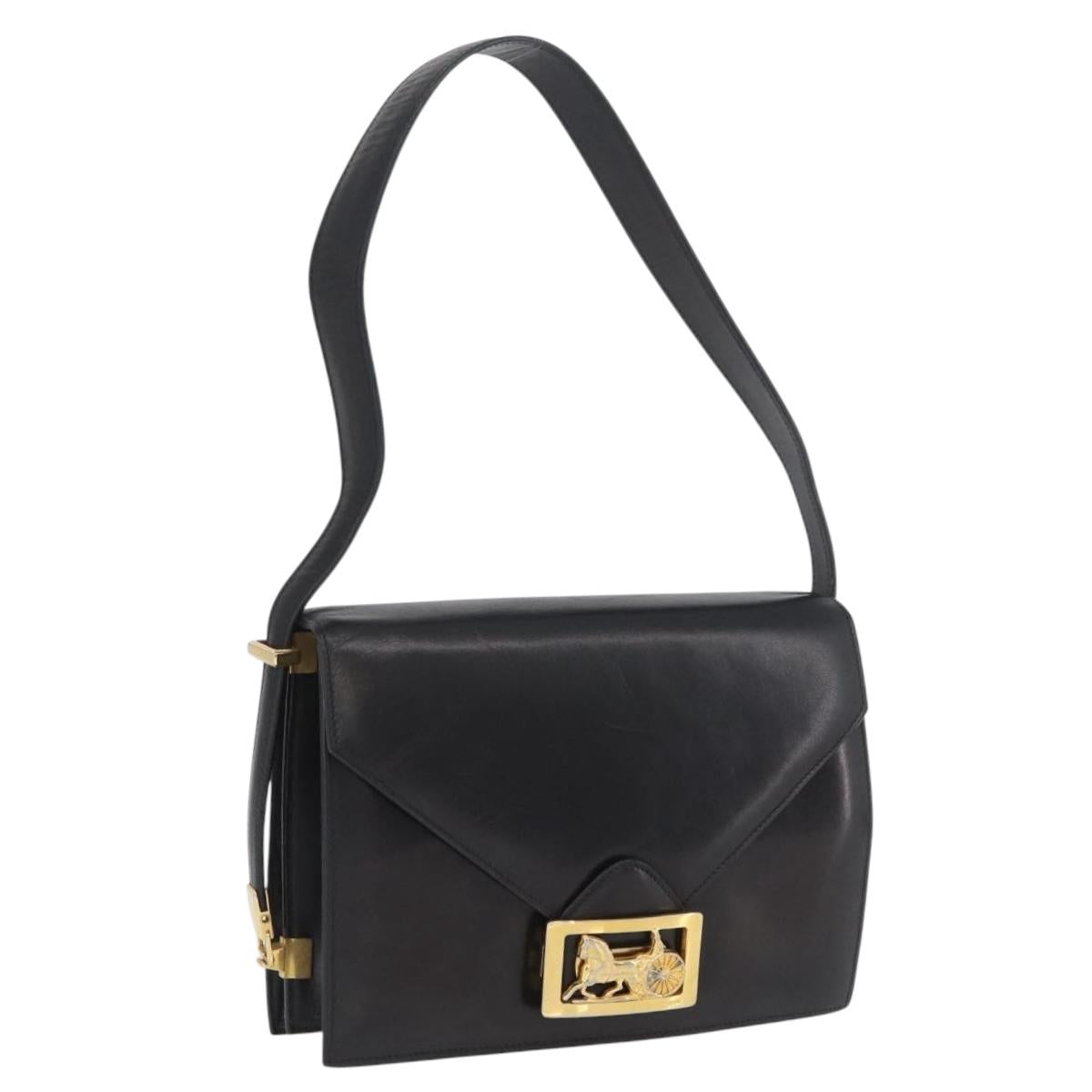CELINE Horse Carriage Shoulder Bag Leather Black Gold Auth BSZ366