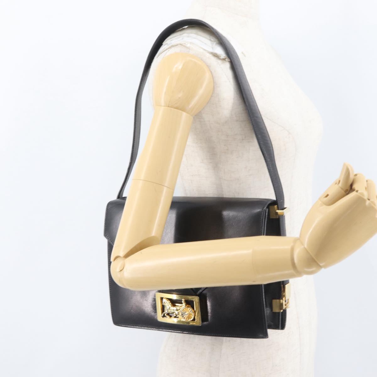 CELINE Horse Carriage Shoulder Bag Leather Black Gold Auth BSZ366