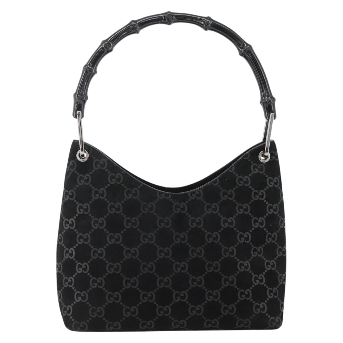 GUCCI GG Canvas Bamboo Shoulder Bag Suede Black Silver 001 3008 Auth BSZ373
