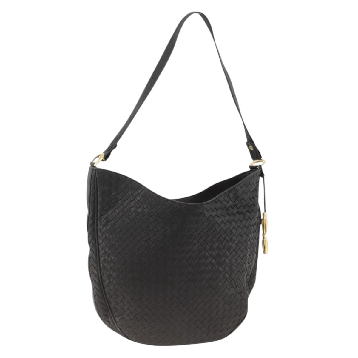 BOTTEGA VENETA INTRECCIATO Shoulder Bag Leather Black Gold Auth BSZ399