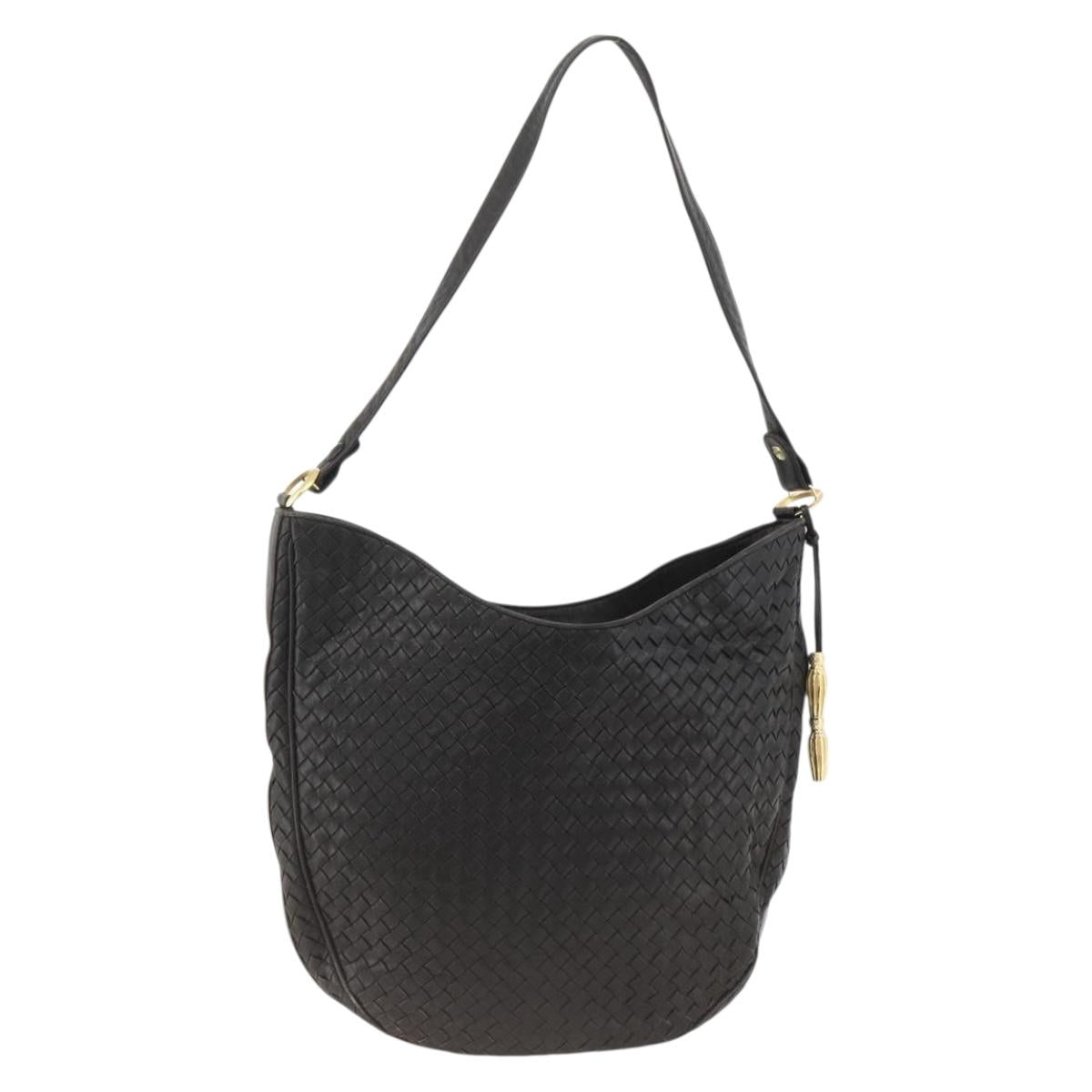 BOTTEGA VENETA INTRECCIATO Shoulder Bag Leather Black Gold Auth BSZ399
