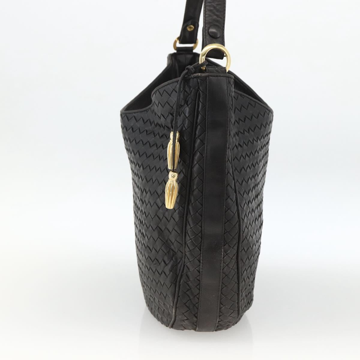 BOTTEGA VENETA INTRECCIATO Shoulder Bag Leather Black Gold Auth BSZ399
