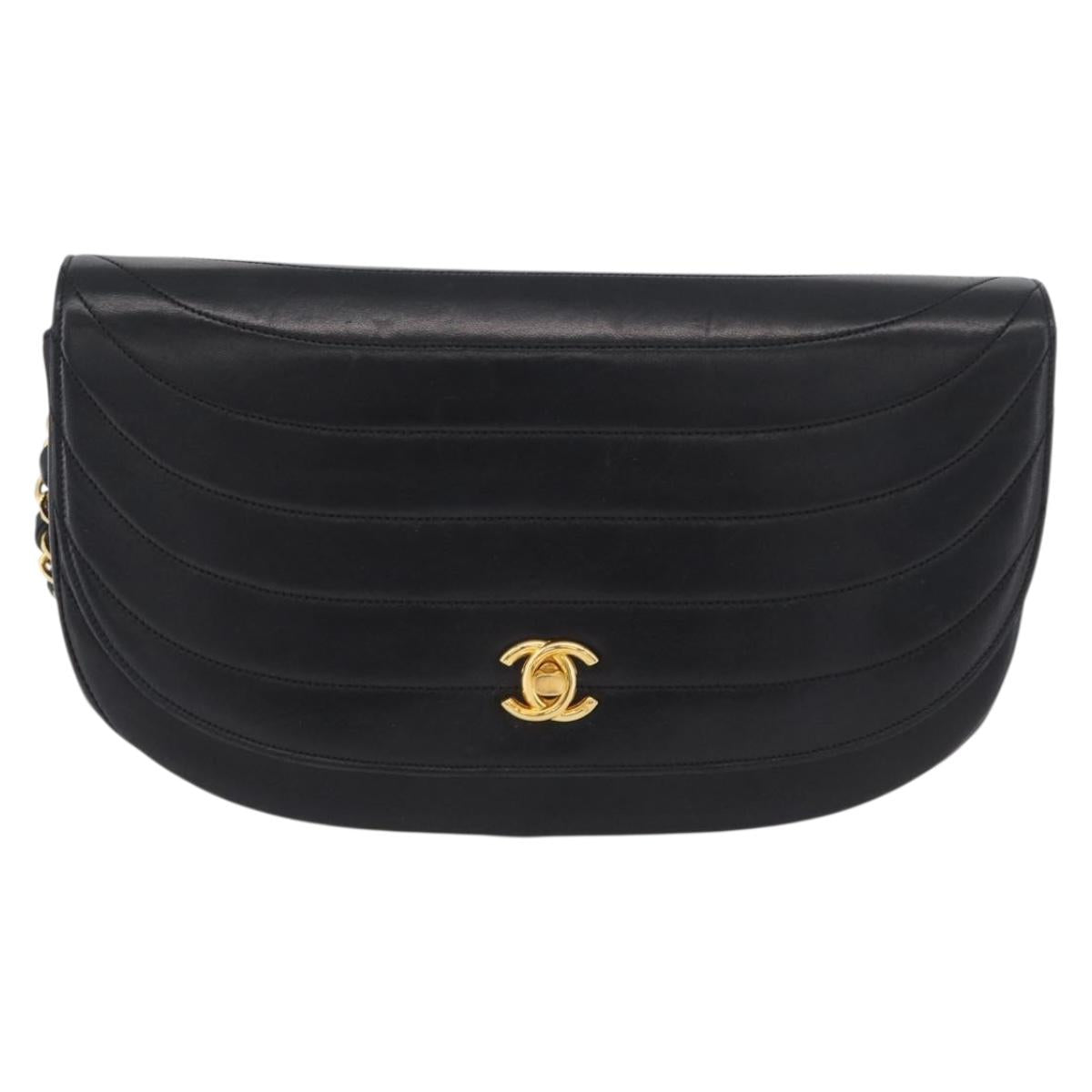 CHANEL Half Moon Chain Shoulder Bag Lamb Skin Black Gold CC Auth BSZ402