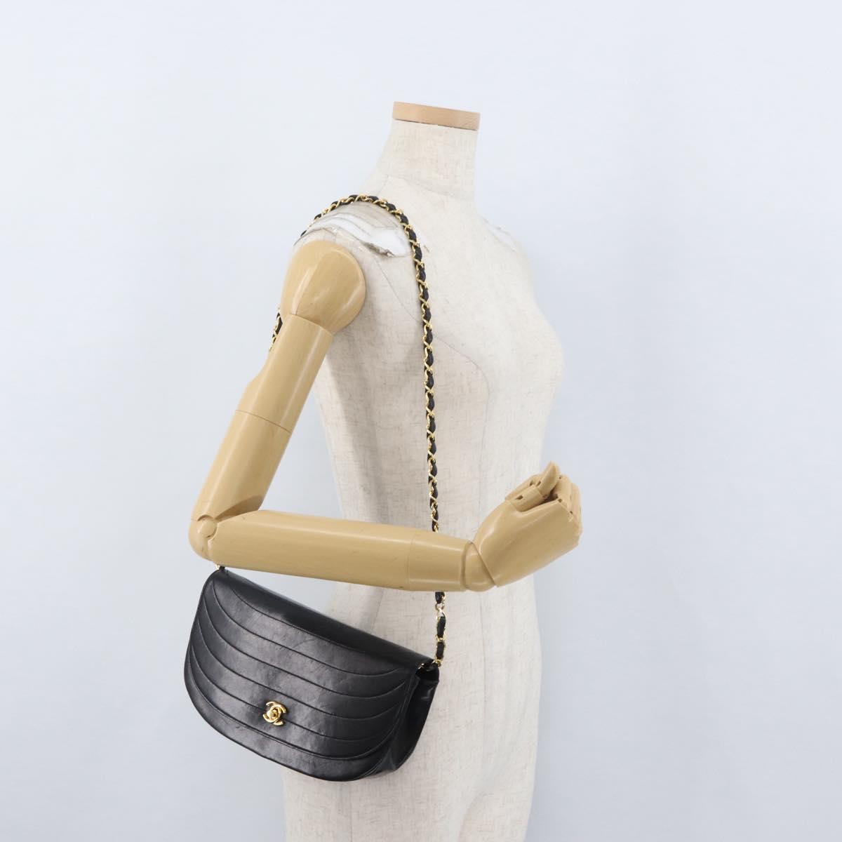 CHANEL Half Moon Chain Shoulder Bag Lamb Skin Black Gold CC Auth BSZ402