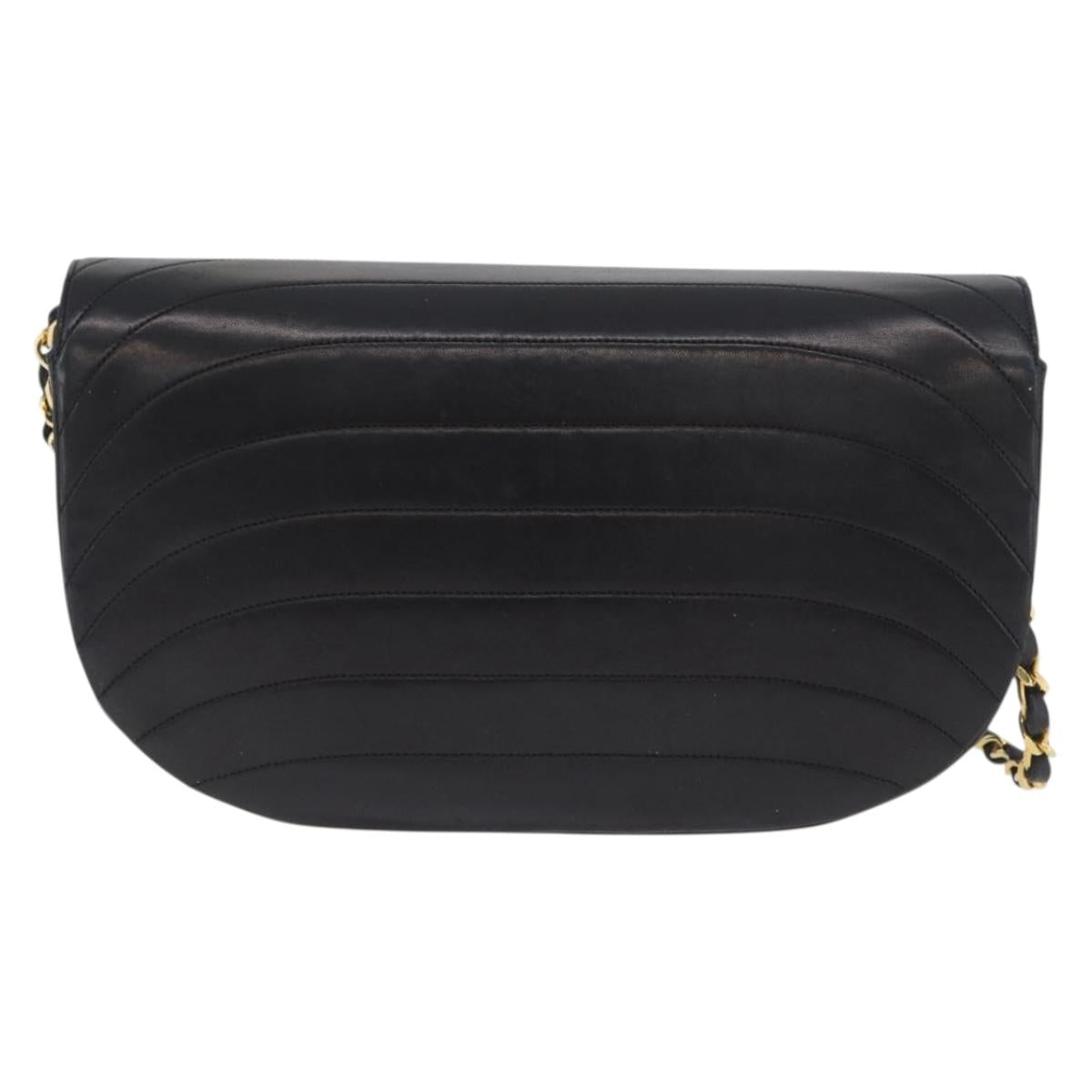 CHANEL Half Moon Chain Shoulder Bag Lamb Skin Black Gold CC Auth BSZ402