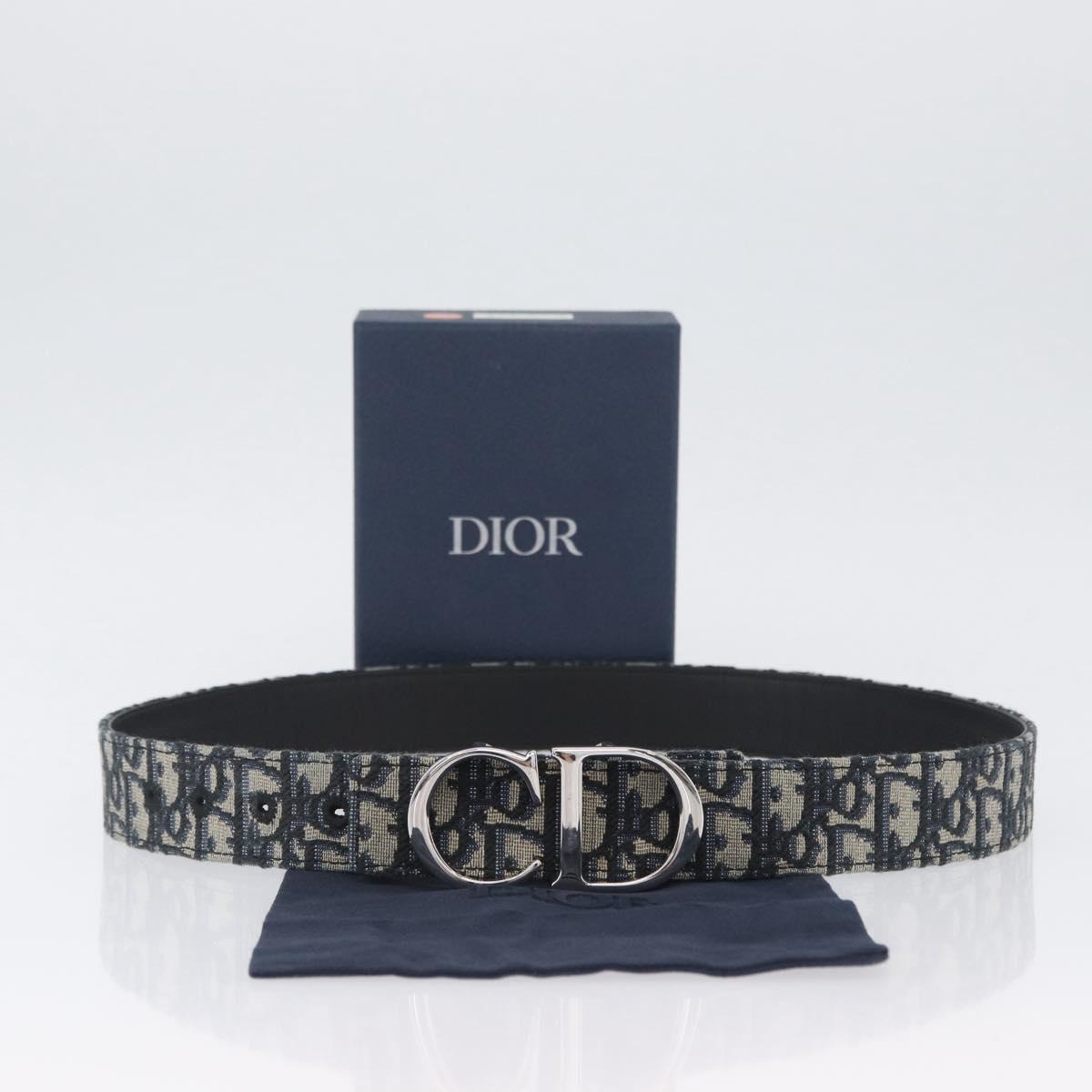 Christian Dior Oblique Trotter Canvas Belt 40.2"" Navy Silver Auth BSZ403M