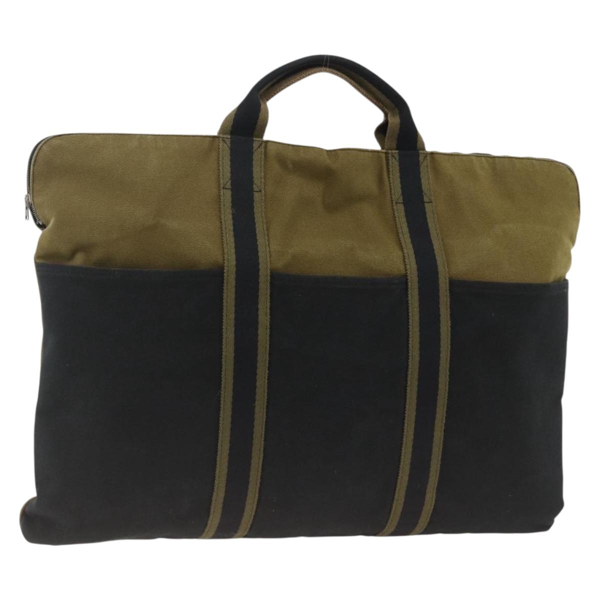 HERMES Fourre Tout Hand Bag Canvas Khaki Silver Auth BSZ425