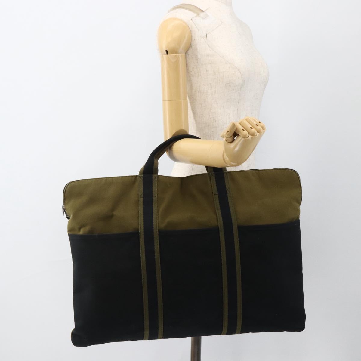 HERMES Fourre Tout Hand Bag Canvas Khaki Silver Auth BSZ425