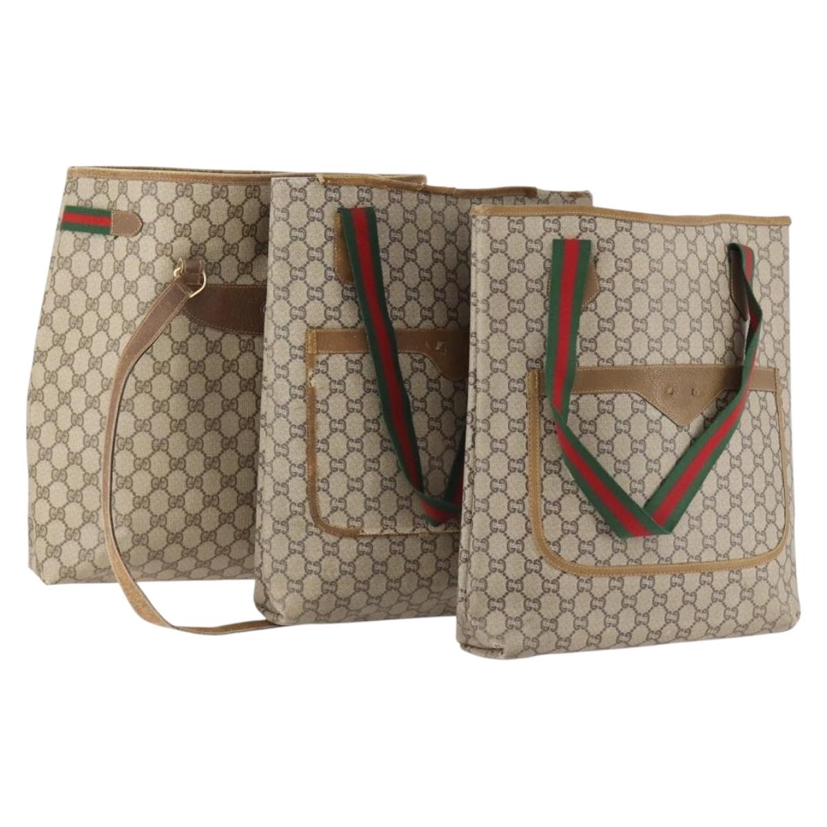 GUCCI GG Plus Supreme Web Sherry Line Tote Bag PVC 3 Set Beige Red Auth BSZ437