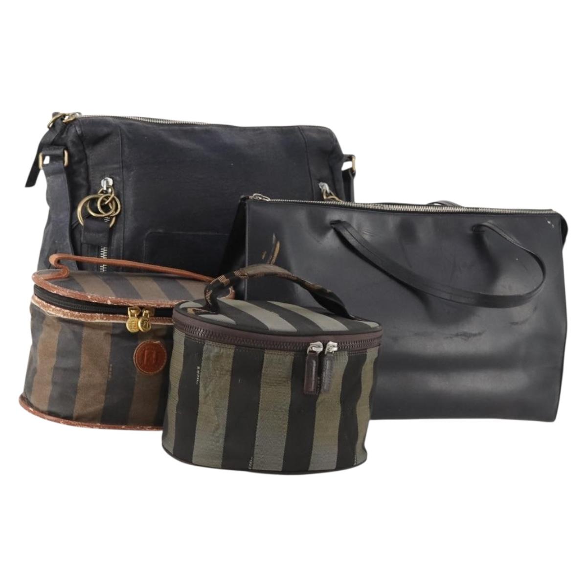 Fendi Chloe Pecan Canvas Hand Bag Leather 4 Set Black Brown Auth BSZ448