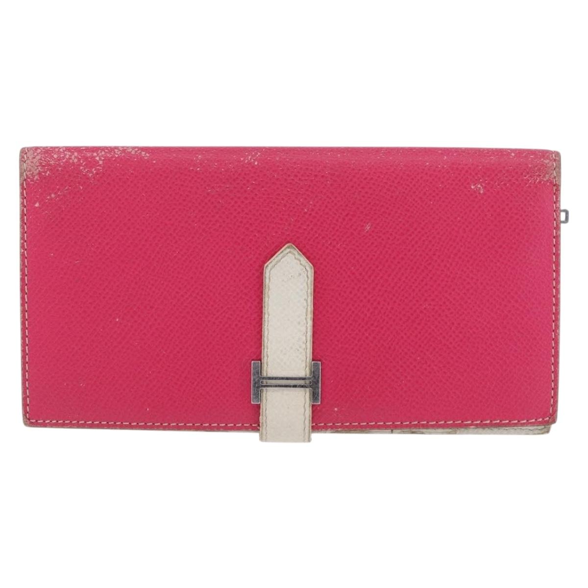 HERMES Bean Soufflé Long Wallet Leather Pink Silver Auth BSZ451