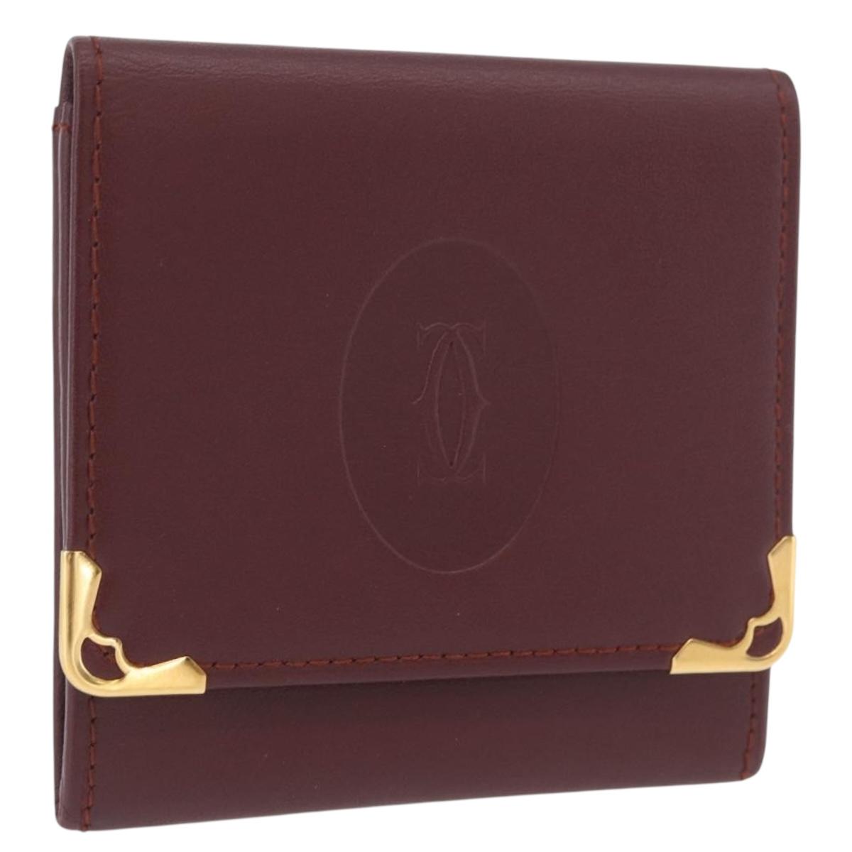 CARTIER Must Line Coin Purse Leather Bordeaux Gold Auth BSZ452A