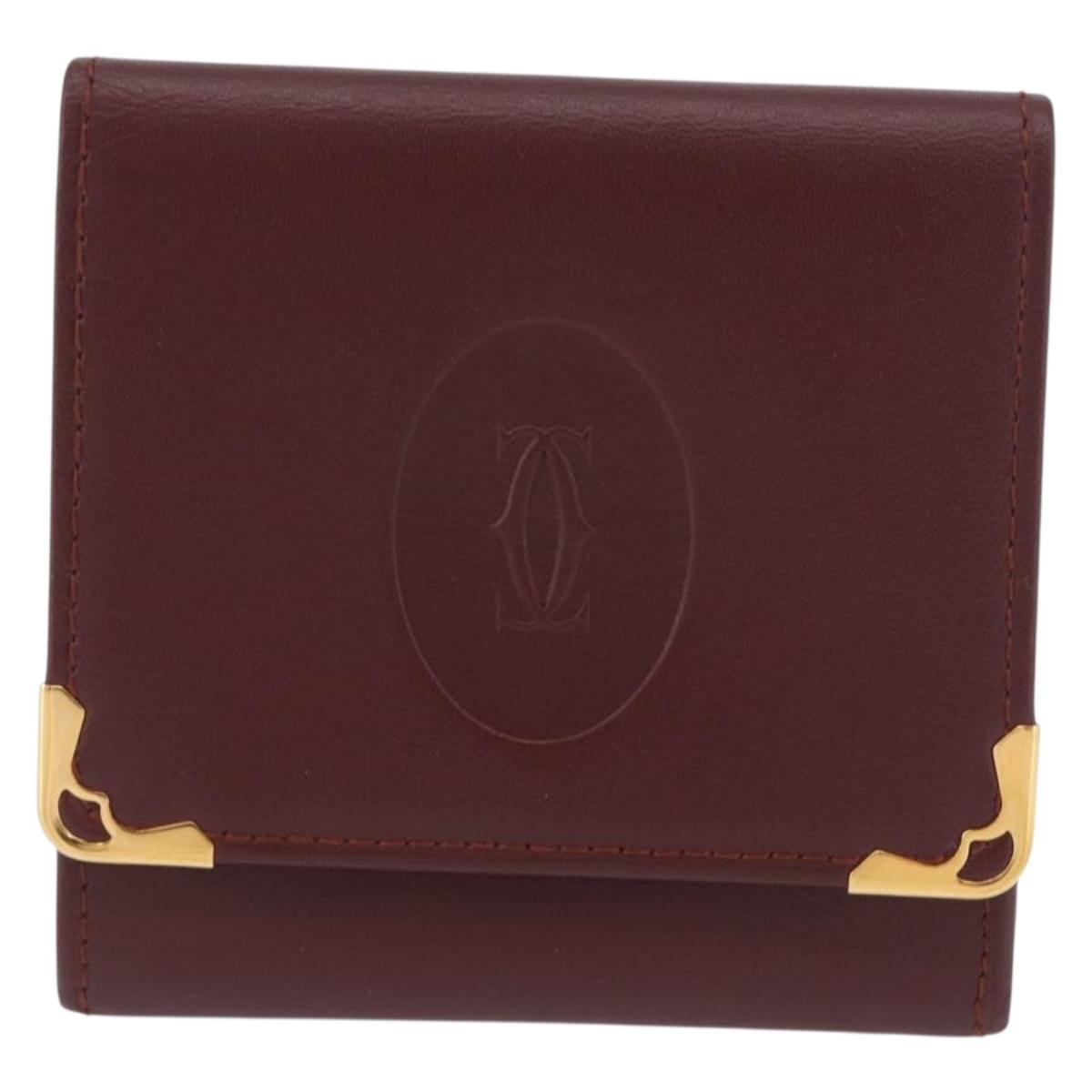 CARTIER Must Line Coin Purse Leather Bordeaux Gold Auth BSZ452A