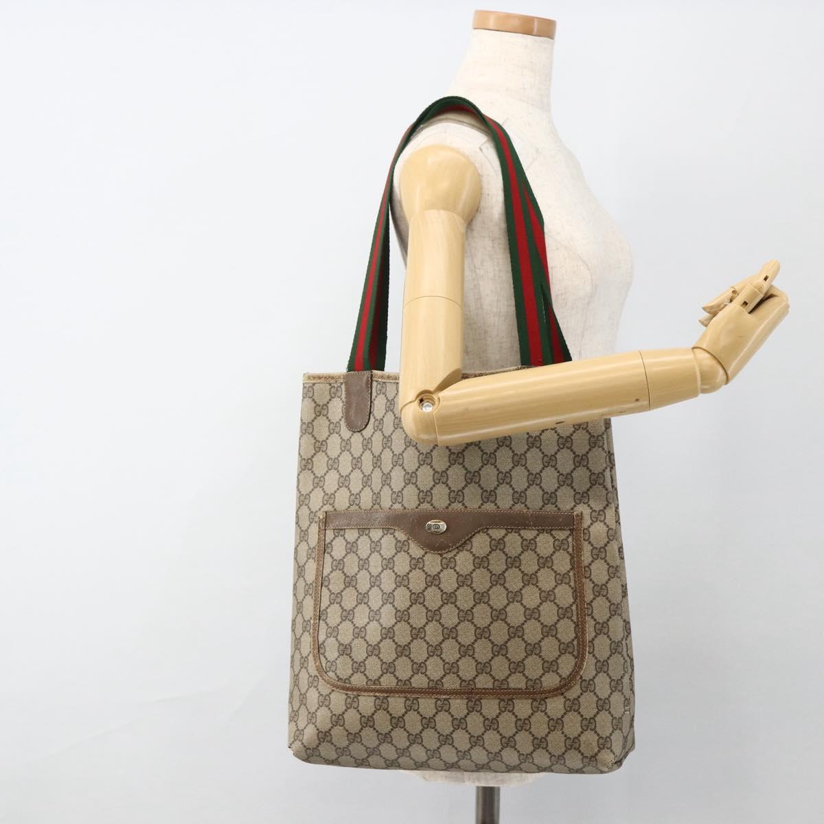 GUCCI GG Supreme Web Sherry Line Tote Bag PVC Beige Gold 39 02 003 Auth BSZ492