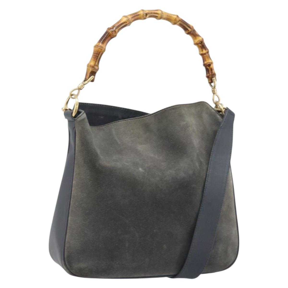 GUCCI Bamboo Hand Bag Leather 2way Black Gold 001 1705 1638 Auth BSZ495