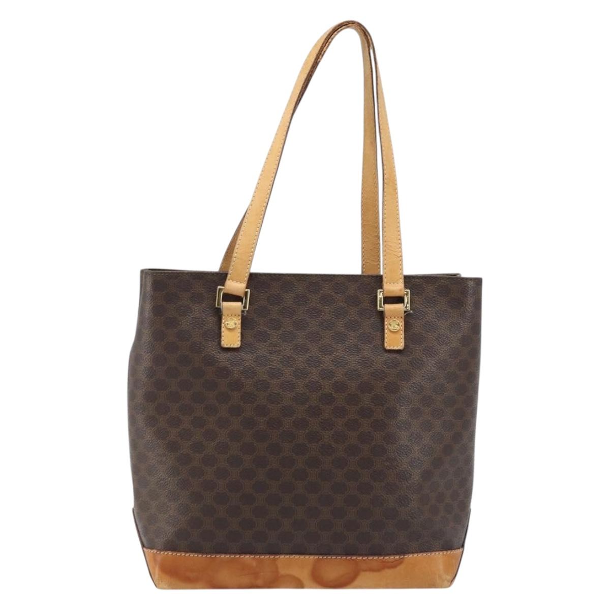 CELINE Macadam Canvas Tote Bag PVC Leather Brown Gold Auth BSZ496