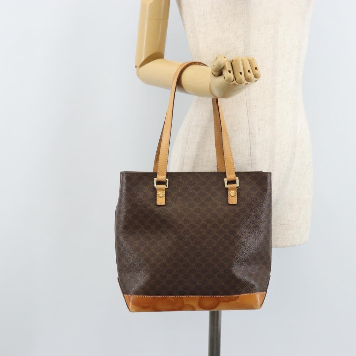 CELINE Macadam Canvas Tote Bag PVC Leather Brown Gold Auth BSZ496