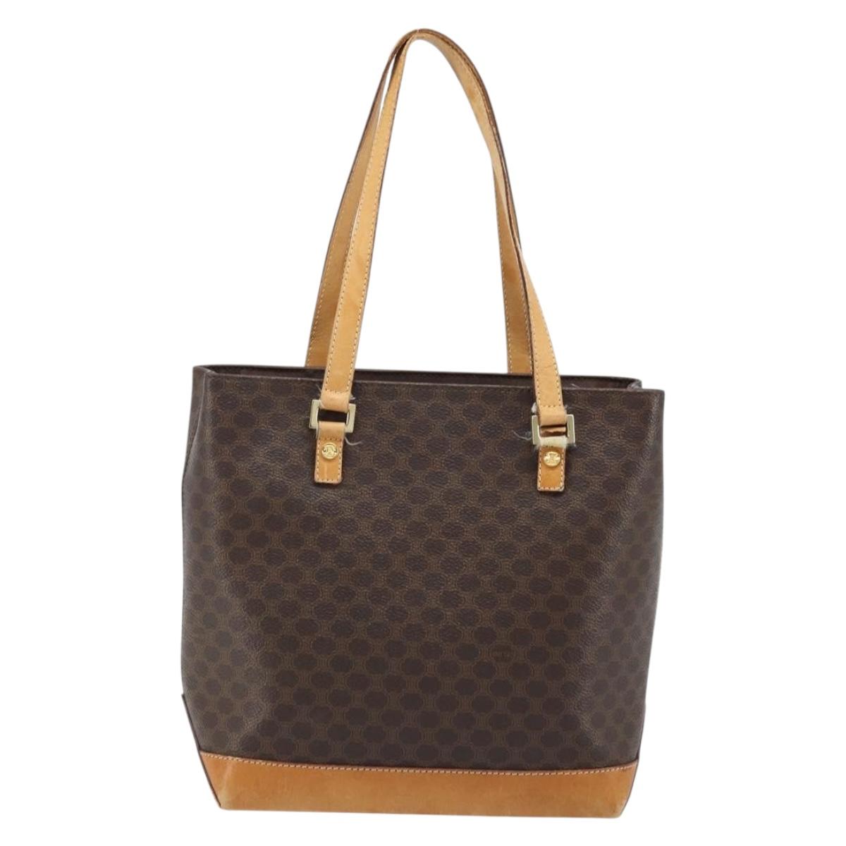 CELINE Macadam Canvas Tote Bag PVC Leather Brown Gold Auth BSZ496