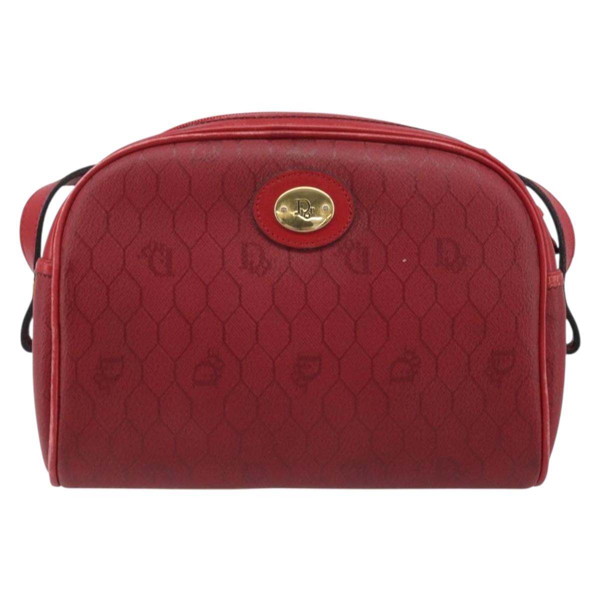 Christian Dior Honeycomb Canvas Shoulder Bag PVC Red Gold Auth BSZ497
