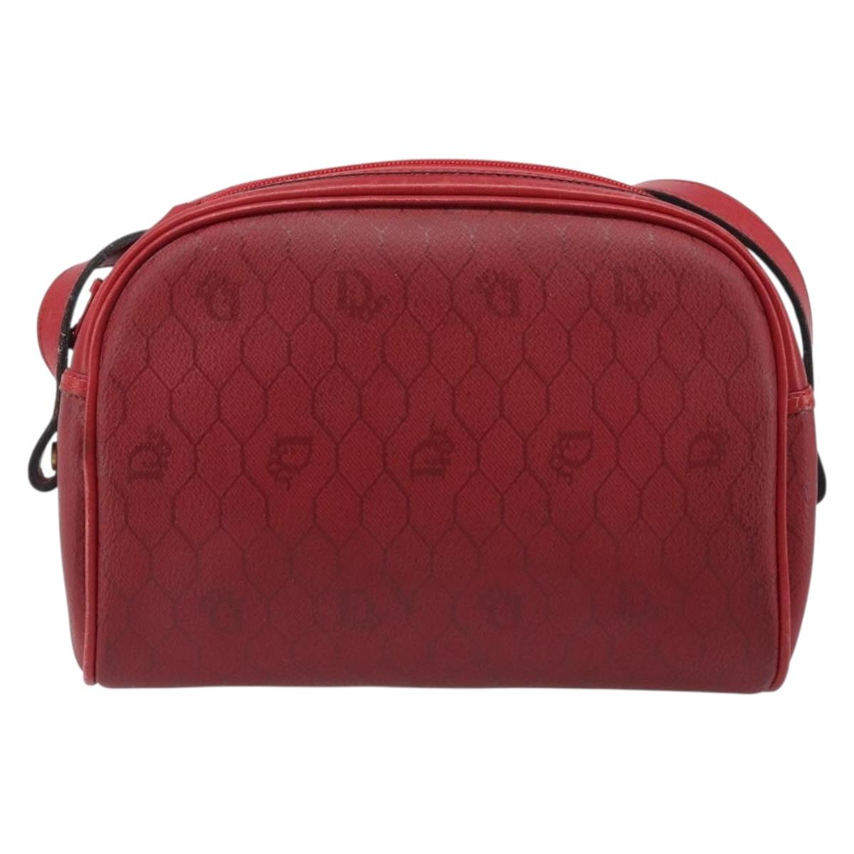 Christian Dior Honeycomb Canvas Shoulder Bag PVC Red Gold Auth BSZ497