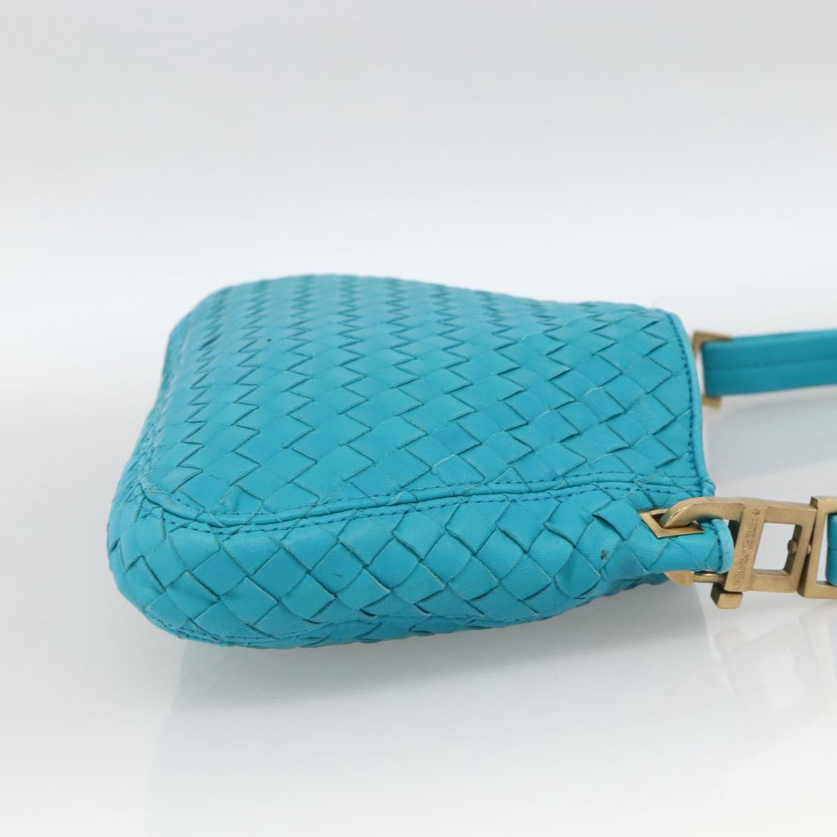 BOTTEGA VENETA INTRECCIATO Shoulder Bag Leather Turquoise Blue Gold Auth BSZ499A