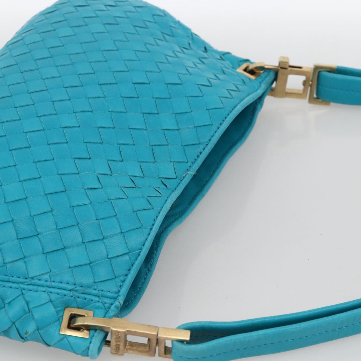 BOTTEGA VENETA INTRECCIATO Shoulder Bag Leather Turquoise Blue Gold Auth BSZ499A