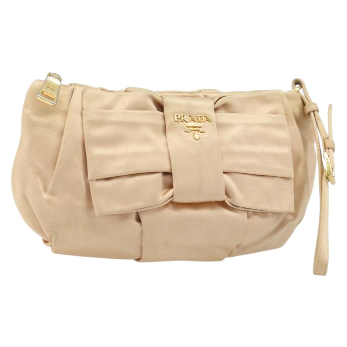 PRADA Ribbon Pouch Satin Beige Gold Auth BSZ565