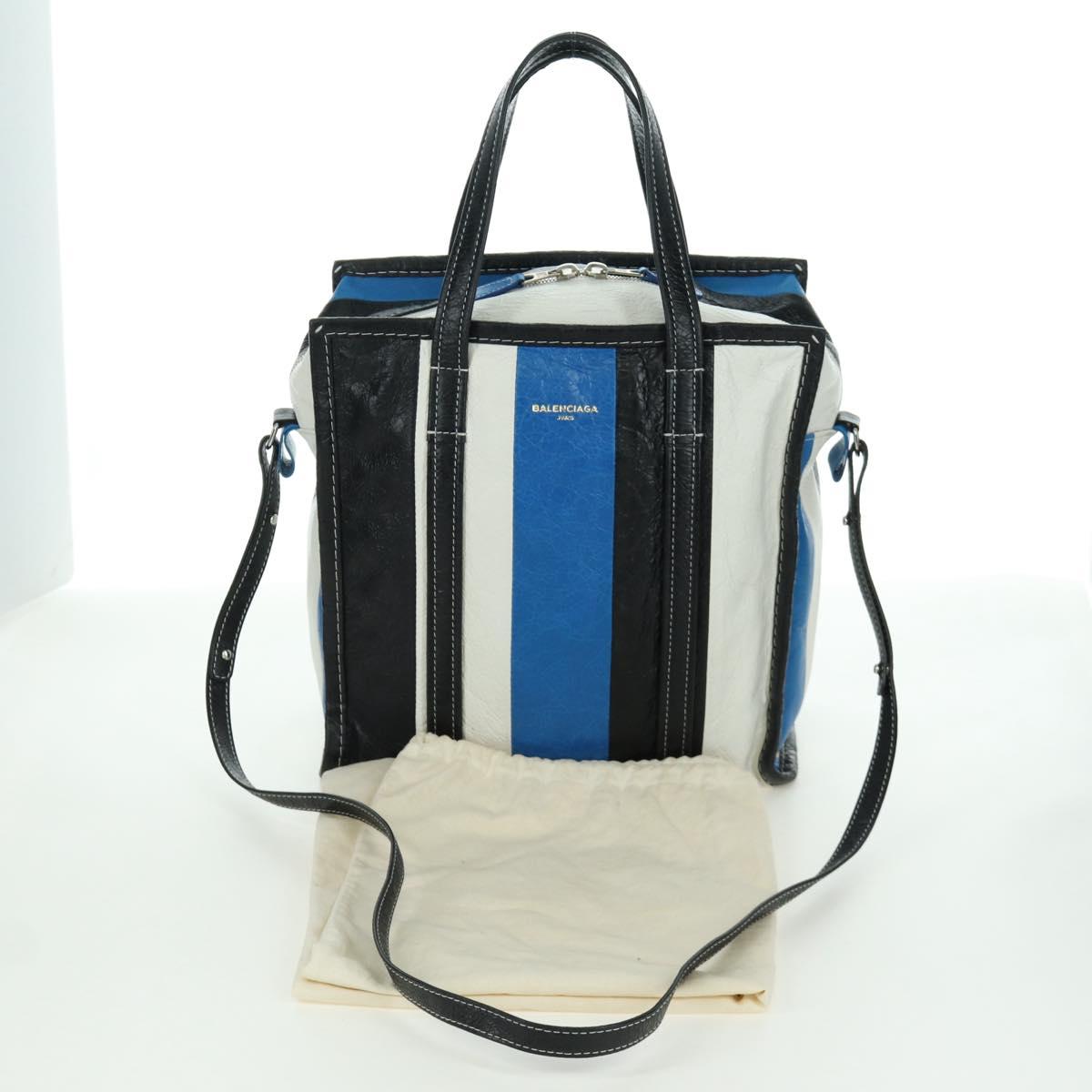 BALENCIAGA Bazaar Shopper S Bag Leather 2way Blue Silver 443096 Auth BSZ626V