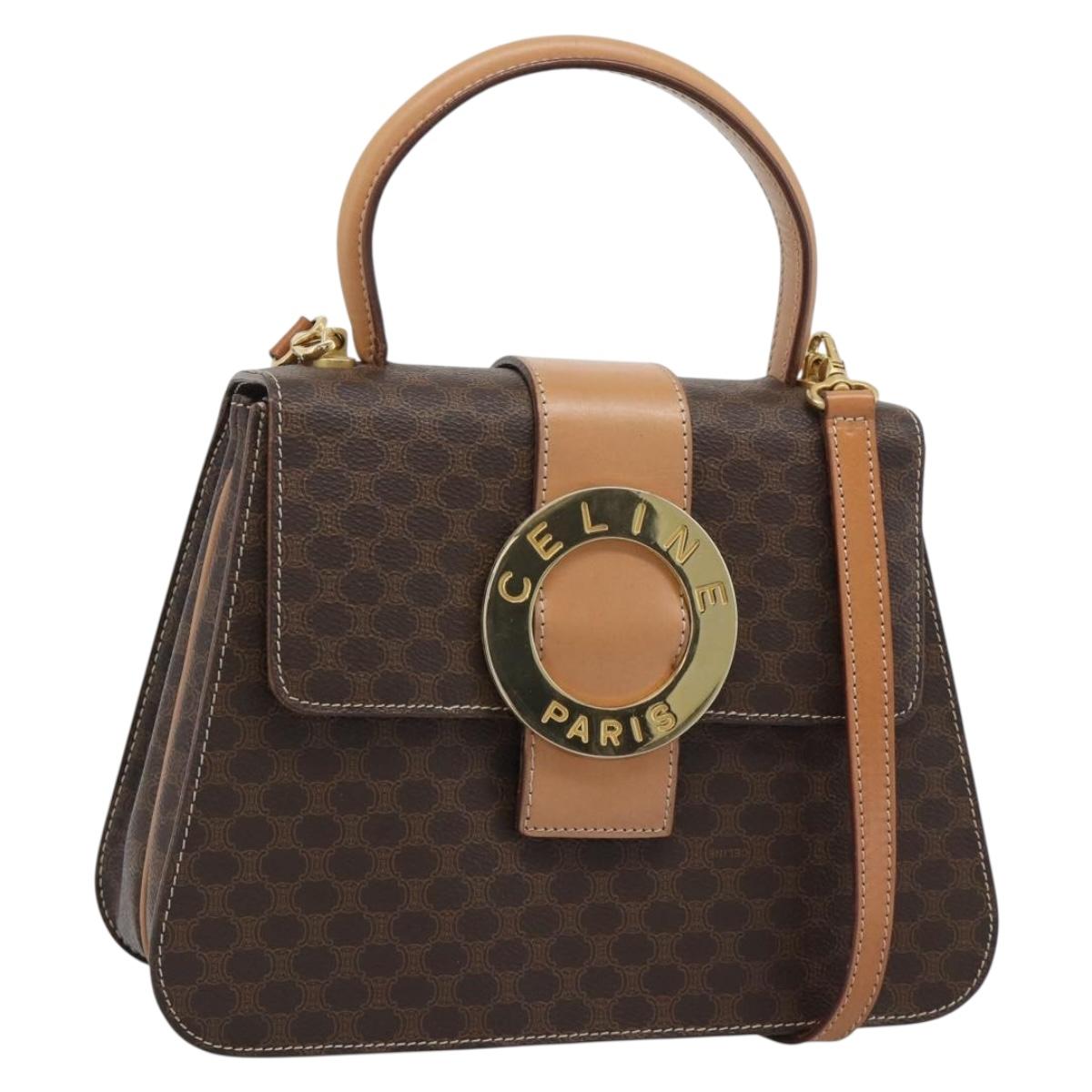 CELINE Macadam Canvas Circle Hand Bag PVC Leather 2way Brown Gold Auth BSZ648V