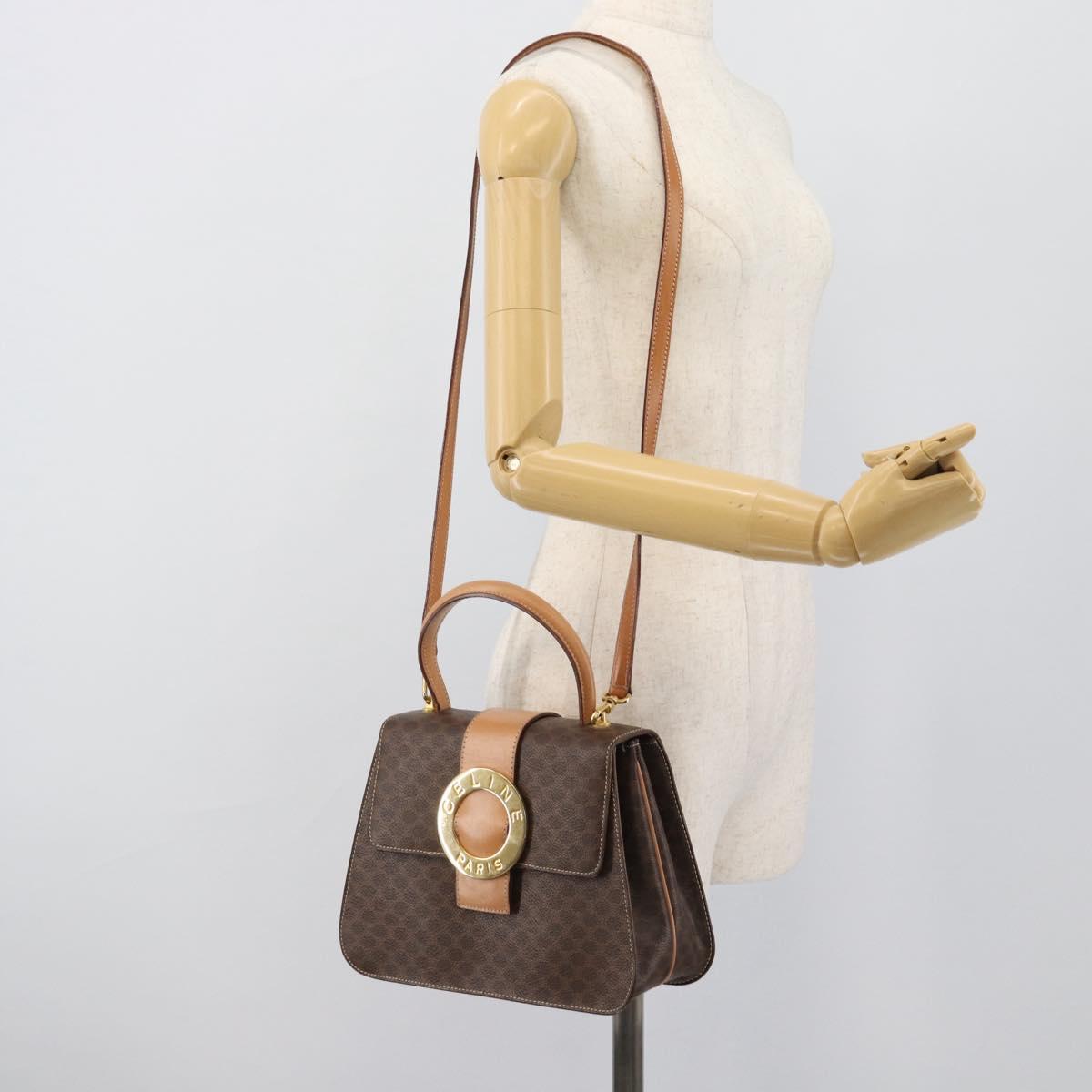 CELINE Macadam Canvas Circle Hand Bag PVC Leather 2way Brown Gold Auth BSZ648V
