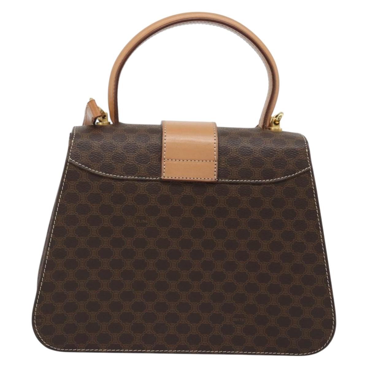 CELINE Macadam Canvas Circle Hand Bag PVC Leather 2way Brown Gold Auth BSZ648V