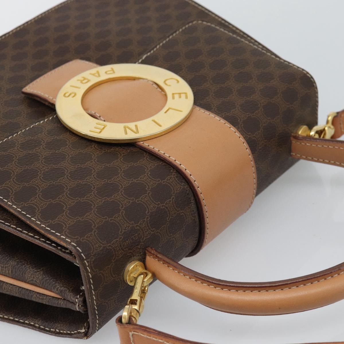 CELINE Macadam Canvas Circle Hand Bag PVC Leather 2way Brown Gold Auth BSZ648V