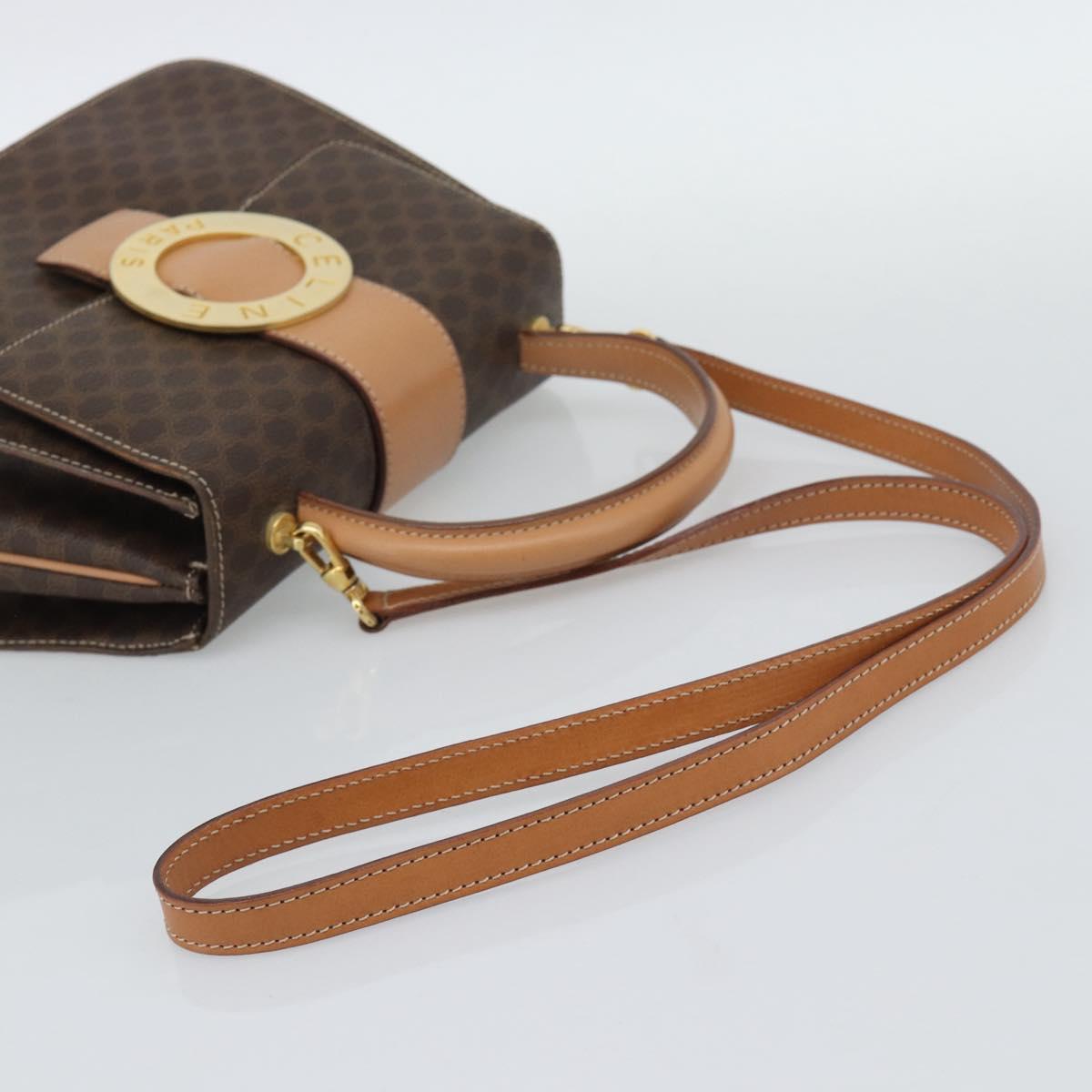 CELINE Macadam Canvas Circle Hand Bag PVC Leather 2way Brown Gold Auth BSZ648V