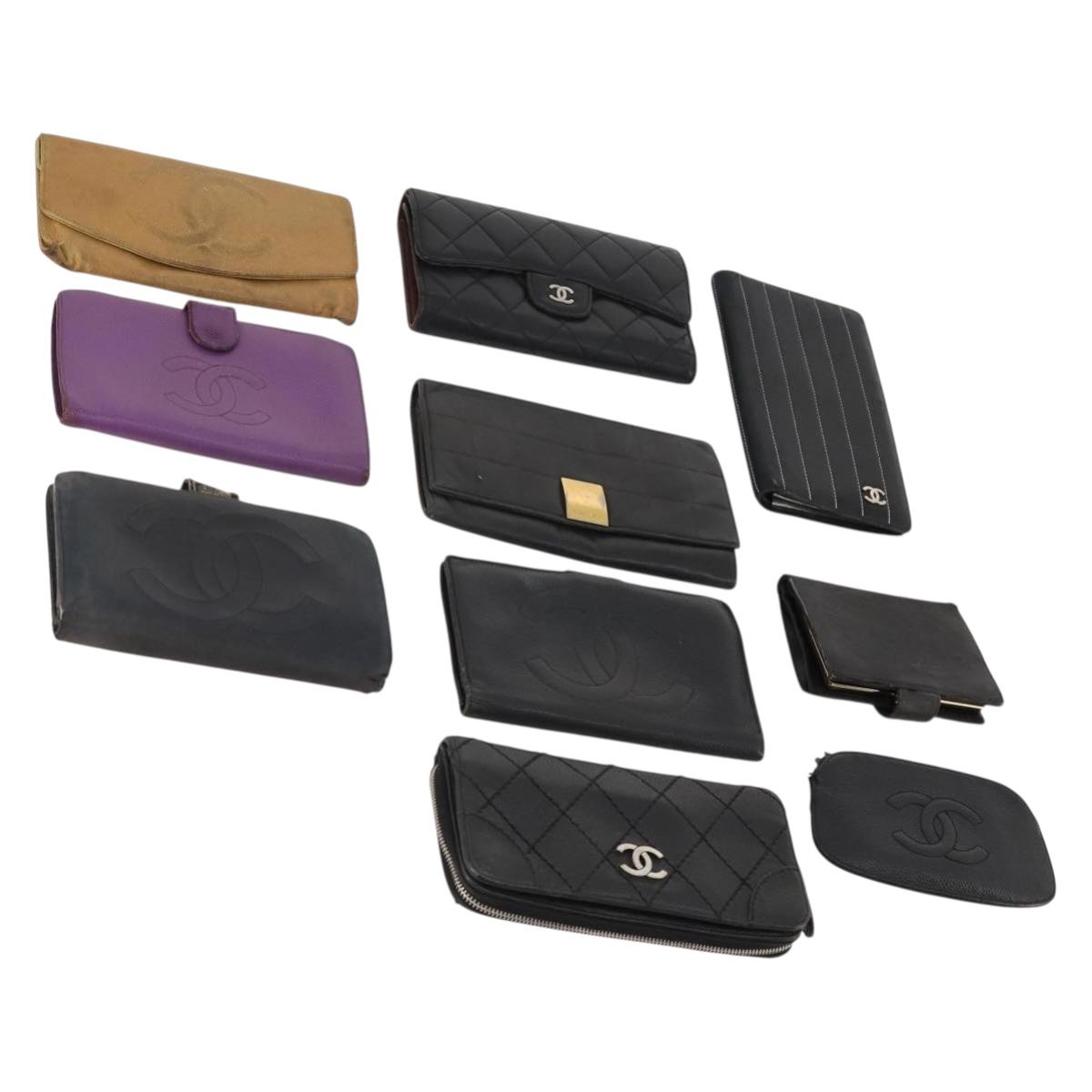 CHANEL Wallet Caviar Skin 10 Set Black Beige purple CC Auth CB156