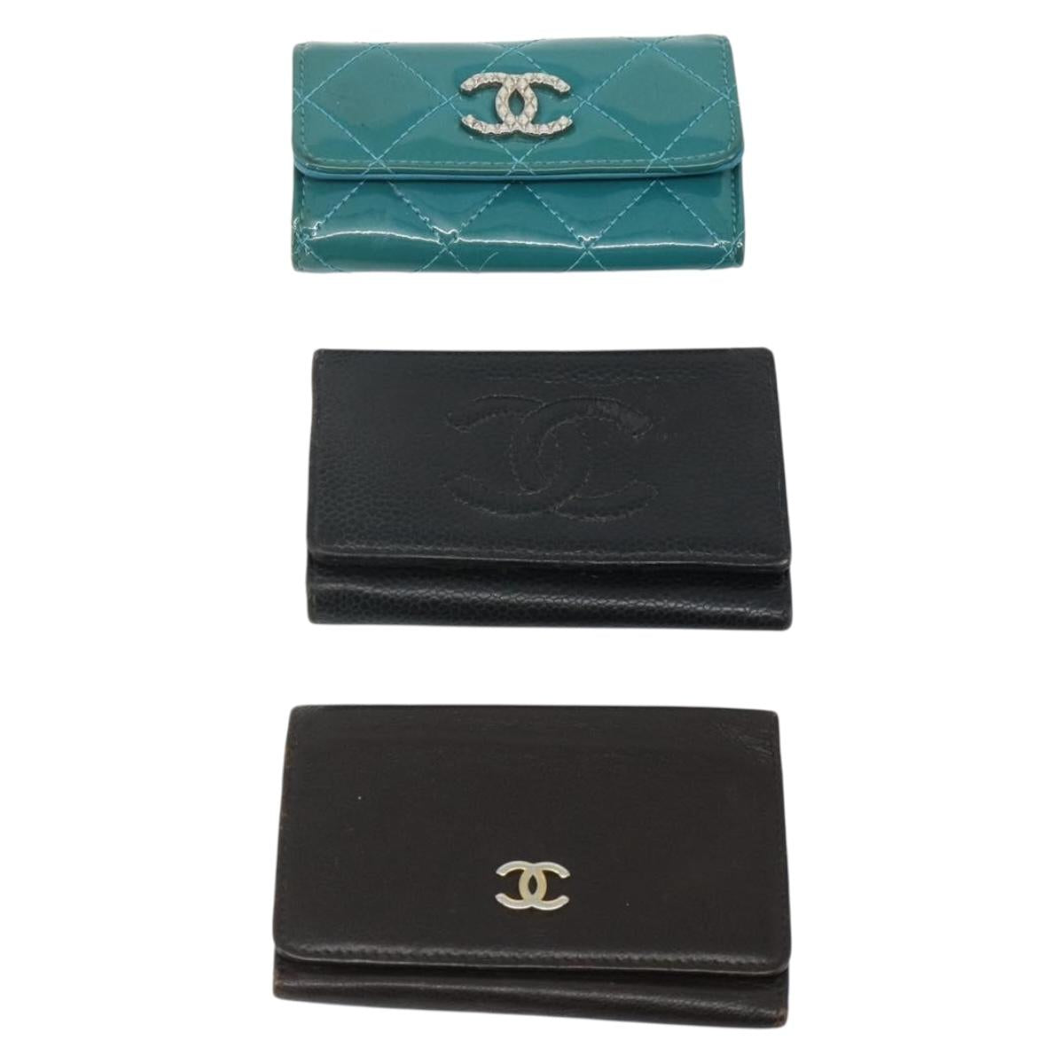 CHANEL Key Case Caviar Skin 10 Set Black Beige pink CC Auth CB195