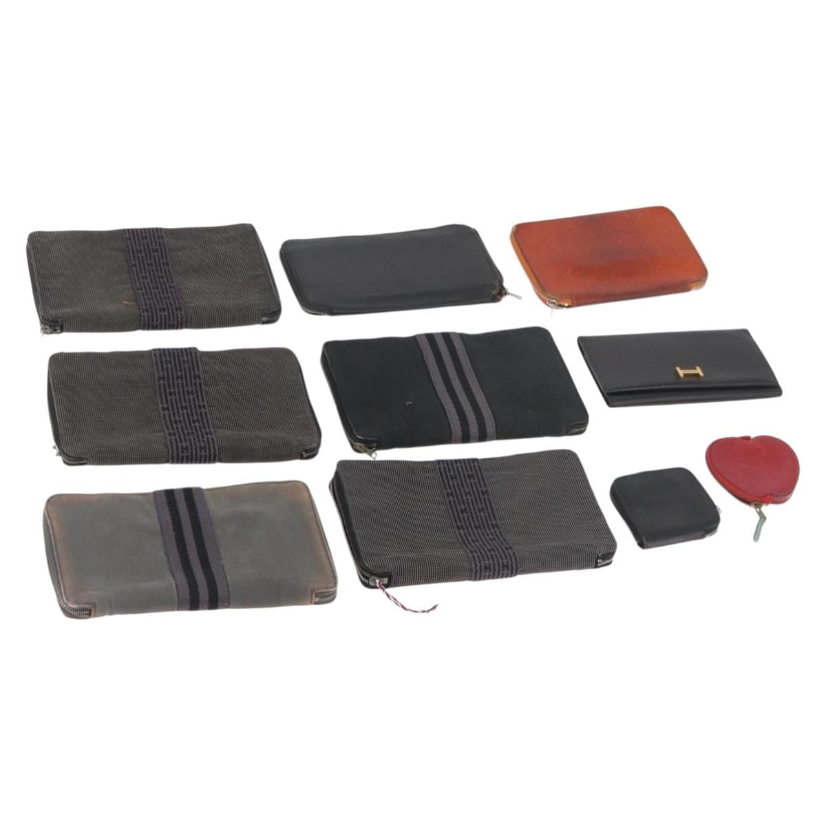 HERMES Wallet Canvas Leather 10 Set Black Gray Red Auth CB242